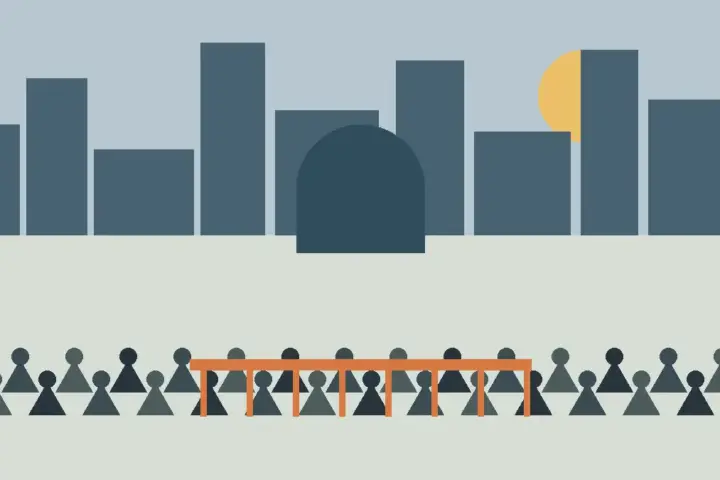 Original neutral illustration of an urban protest scene with a crowd behind a barrier.