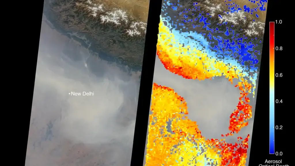 NASA MISR satellite image showing a thick haze of air pollution blanketing the Indo-Gangetic plain over northern India