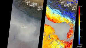 NASA MISR satellite image showing a thick haze of air pollution blanketing the Indo-Gangetic plain over northern India