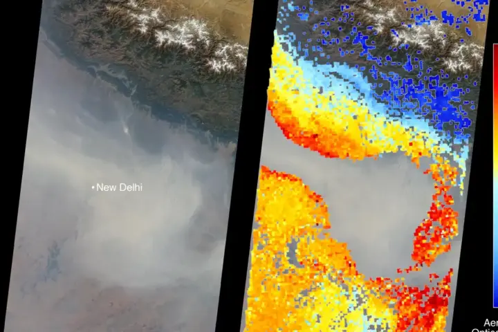 NASA MISR satellite image showing a thick haze of air pollution blanketing the Indo-Gangetic plain over northern India