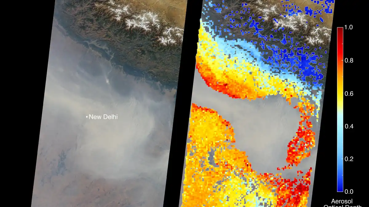 NASA MISR satellite image showing a thick haze of air pollution blanketing the Indo-Gangetic plain over northern India