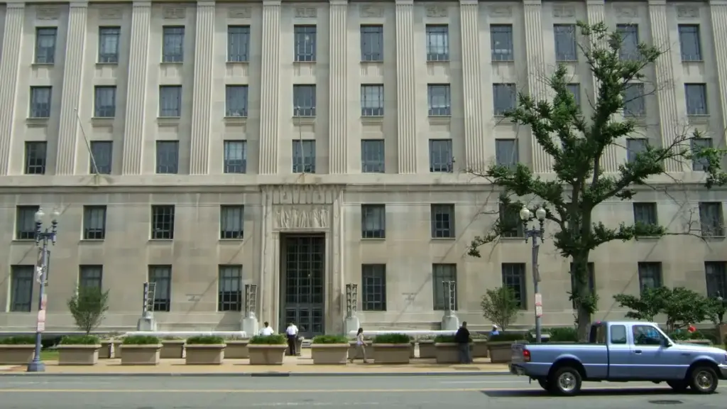 Columns and entrance of the Robert F. Kennedy Department of Justice Building in Washington, D.C.