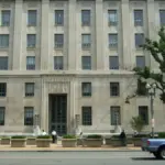 Columns and entrance of the Robert F. Kennedy Department of Justice Building in Washington, D.C.