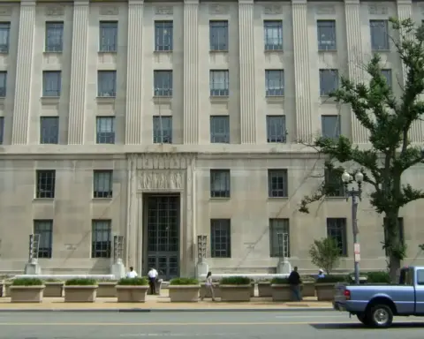 Columns and entrance of the Robert F. Kennedy Department of Justice Building in Washington, D.C.