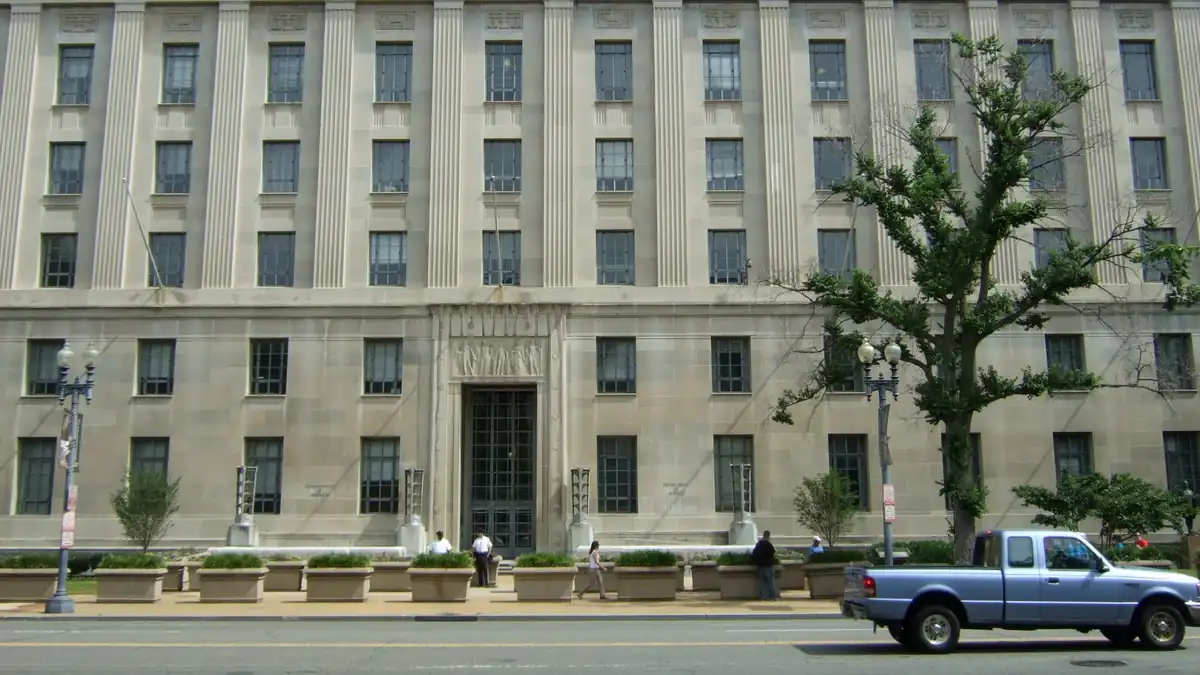 Columns and entrance of the Robert F. Kennedy Department of Justice Building in Washington, D.C.