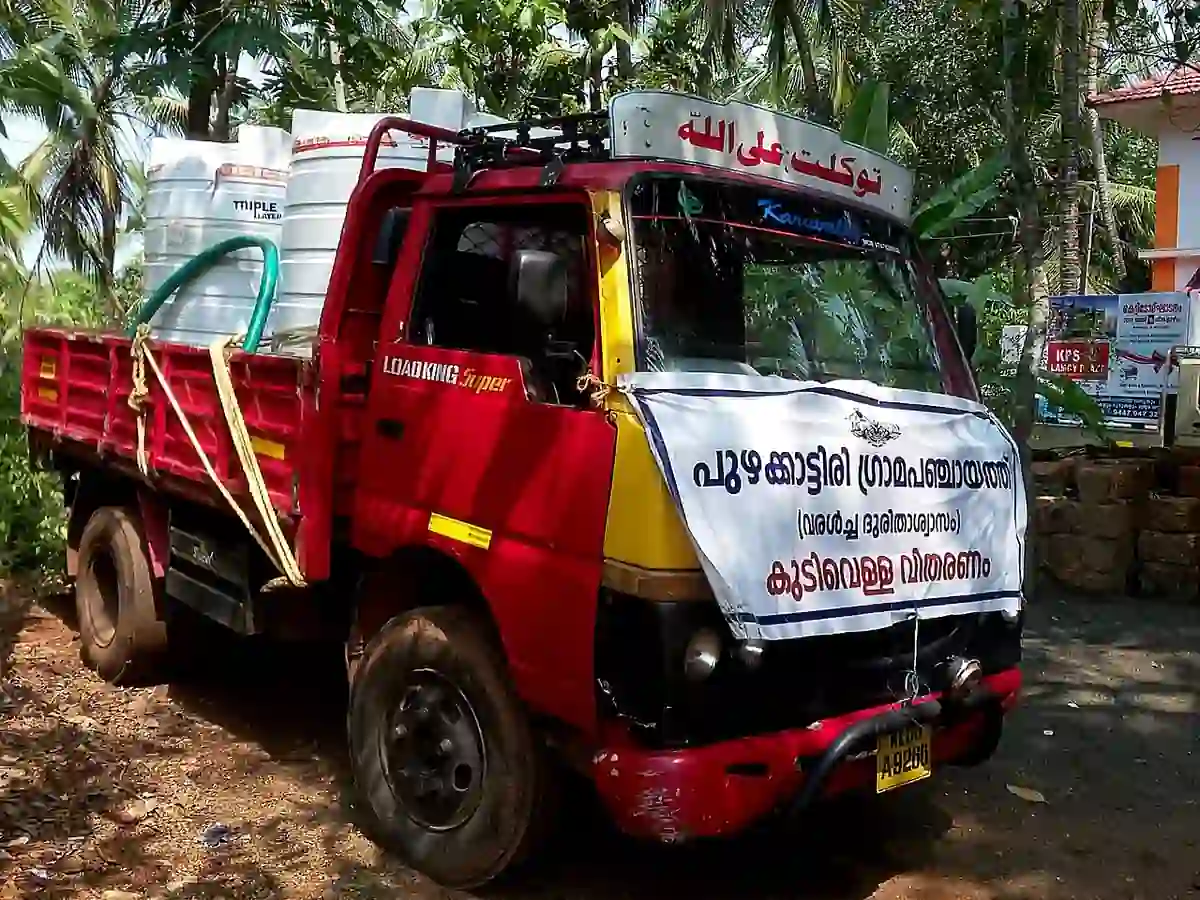 Drinking-water distribution during drought conditions in India.