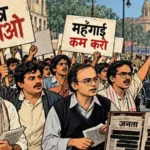 Illustration of protesters marching near Rashtrapati Bhavan in New Delhi during the Emergency era, holding placards calling for the restoration of democracy