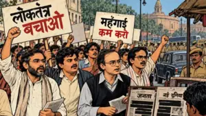 Illustration of protesters marching near Rashtrapati Bhavan in New Delhi during the Emergency era, holding placards calling for the restoration of democracy