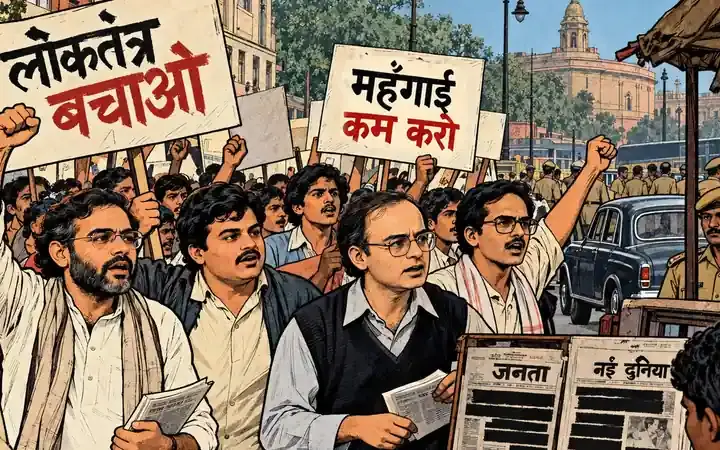 Illustration of protesters marching near Rashtrapati Bhavan in New Delhi during the Emergency era, holding placards calling for the restoration of democracy
