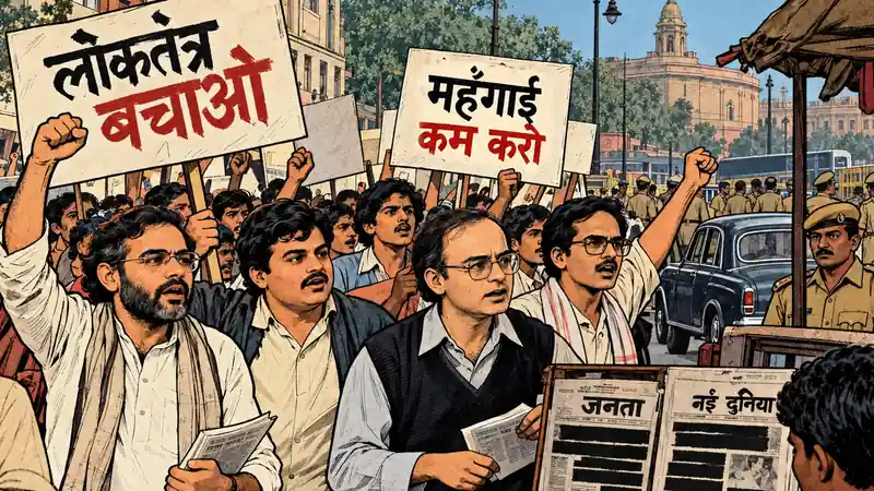 Illustration of protesters marching near Rashtrapati Bhavan in New Delhi during the Emergency era, holding placards calling for the restoration of democracy