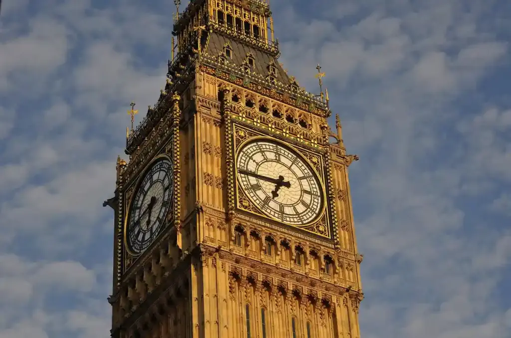 Detailed view of the clock face of Big Ben's Elizabeth Tower in London.