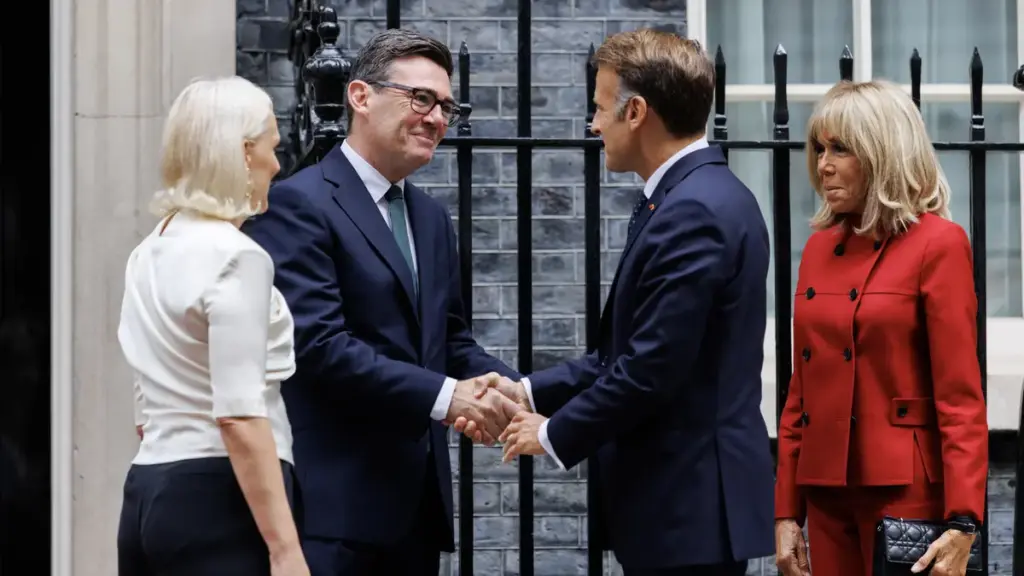 UK Prime Minister Andy Burnham meets French President Emmanuel Macron at 10 Downing Street
