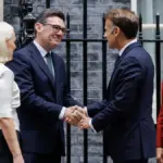 UK Prime Minister Andy Burnham meets French President Emmanuel Macron at 10 Downing Street