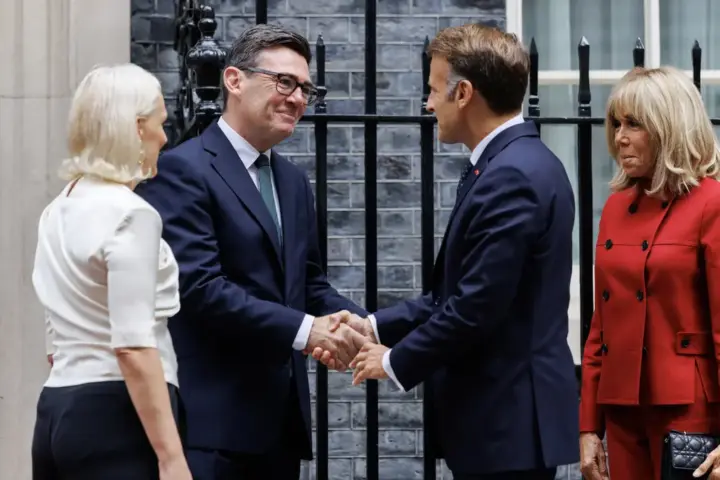 UK Prime Minister Andy Burnham meets French President Emmanuel Macron at 10 Downing Street