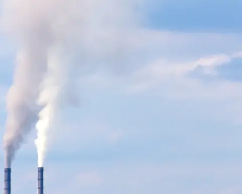 Ukrainian thermal power plant Burshtyn TES under clear sky