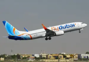 Flydubai Boeing 737-800 aircraft with registration A6-FDN in flight, representing the aircraft type involved in FZ1073 co-pilot knife attack incident