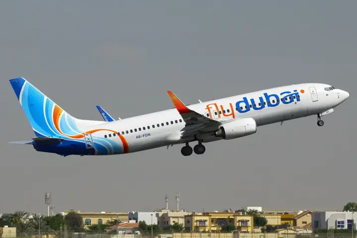 Flydubai Boeing 737-800 aircraft with registration A6-FDN in flight, representing the aircraft type involved in FZ1073 co-pilot knife attack incident