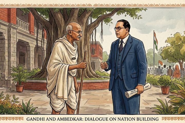 Gandhi and Ambedkar standing in courtyard discussing nation building