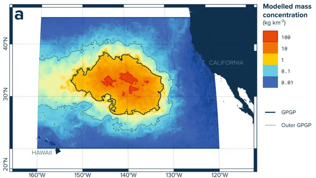 Satellite map visualization showing the Great Pacific Garbage Patch between California and Hawaii