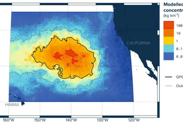 Satellite map visualization showing the Great Pacific Garbage Patch between California and Hawaii