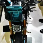 A modern electric motorcycle shown from the front