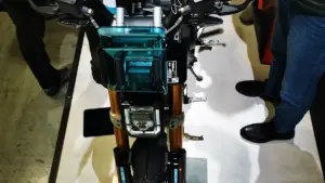 A modern electric motorcycle shown from the front