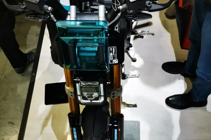 A modern electric motorcycle shown from the front