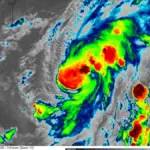 Infrared satellite imagery of Hurricane Isaias over the Gulf Coast region.
