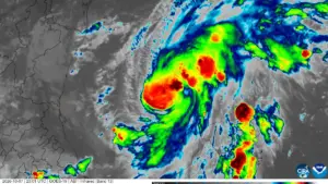 Infrared satellite imagery of Hurricane Isaias over the Gulf Coast region.