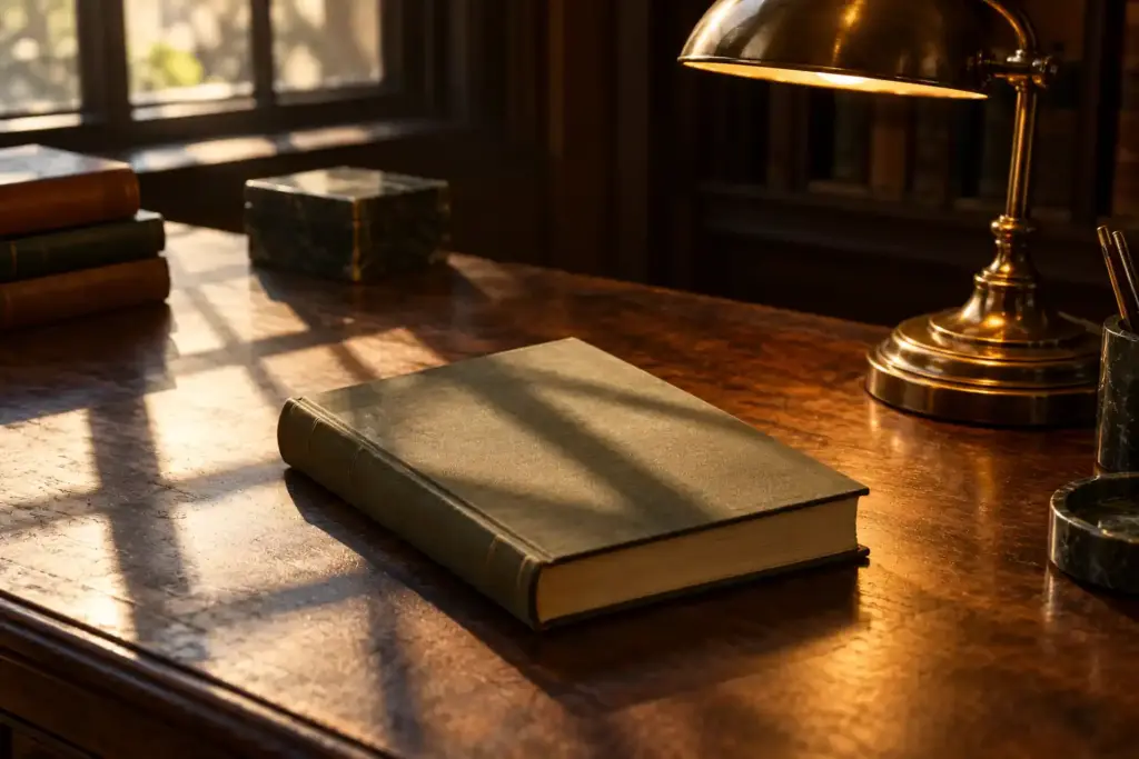 AI-generated editorial illustration of a book on a desk beside a reading lamp