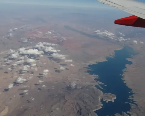 Lake Mead shoreline in Nevada, where drought has exposed long-submerged objects.