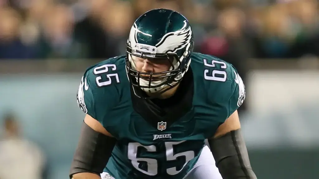 Lane Johnson in a pre-snap stance for the Philadelphia Eagles