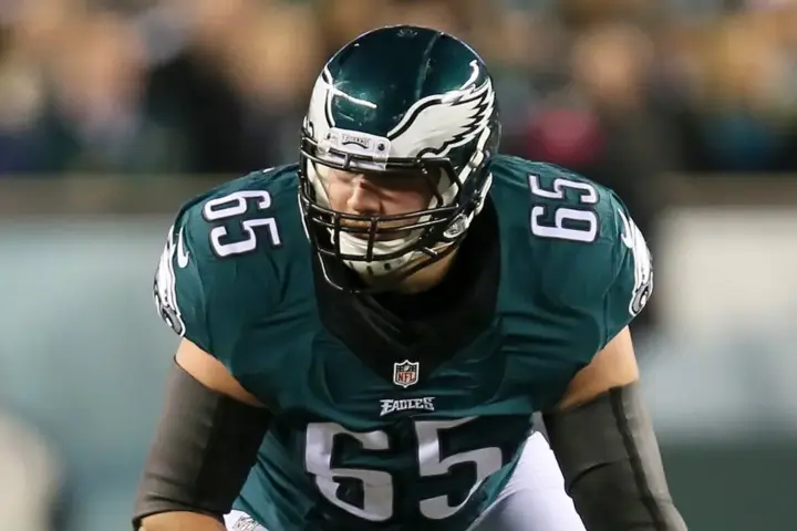 Lane Johnson in a pre-snap stance for the Philadelphia Eagles
