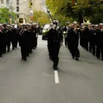 Formal parade procession with ceremonial marchers advancing along Fifth Avenue during the New York City Columbus Day Parade.