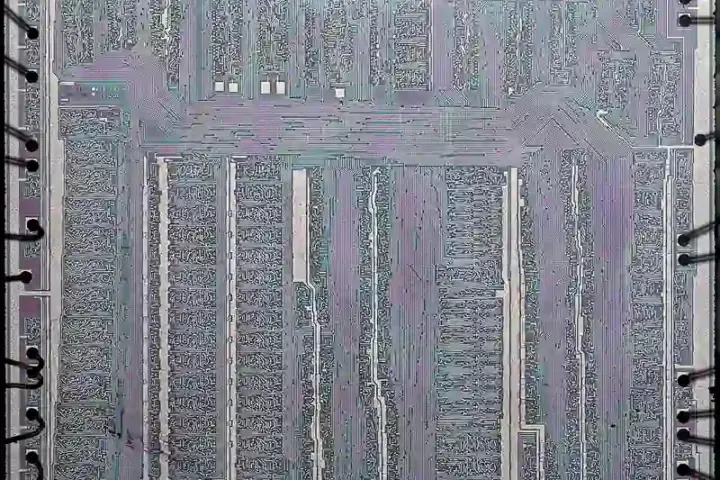 Detailed close-up view of an exposed silicon microchip die showing microscopic circuit pathways.