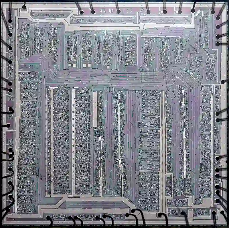 Detailed close-up view of an exposed silicon microchip die showing microscopic circuit pathways.