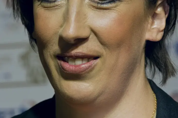 Portrait photograph of British comedian Miranda Hart smiling at a public event.