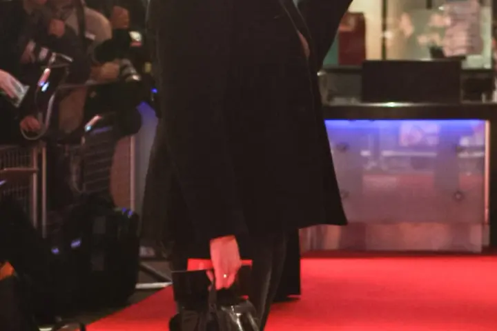 Television presenter Miranda Hart at a public event, speaking at a microphone in a professional setting