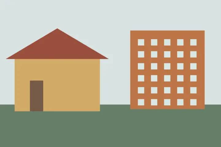 Illustration contrasting an office building and a school building