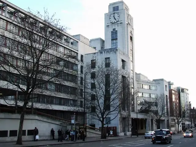 Exterior facade of the UK National Audit Office building on Buckingham Palace Road in London.