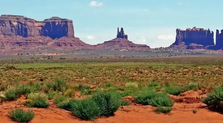 Sandstone formations and desert landscape in Monument Valley on the Navajo Nation.