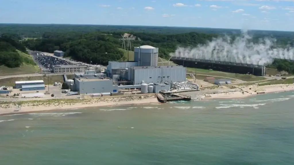 Exterior view of the Palisades Nuclear Power Plant on the shore of Lake Michigan in Covert Township, Michigan
