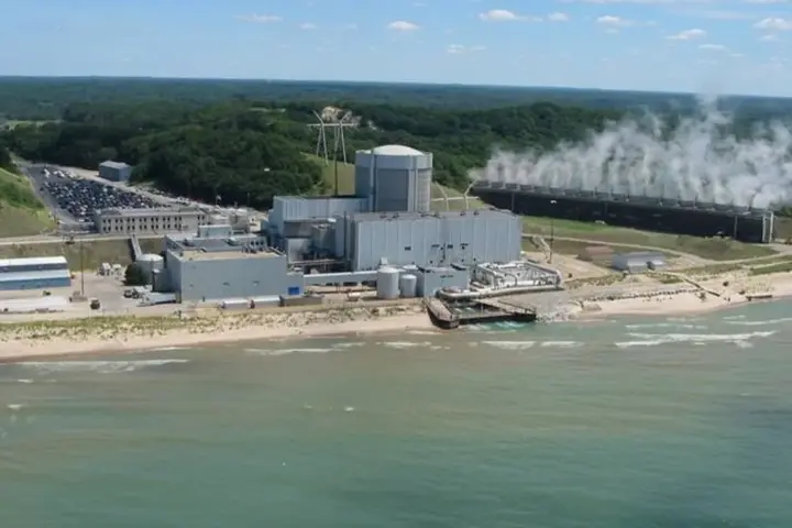 Exterior view of the Palisades Nuclear Power Plant on the shore of Lake Michigan in Covert Township, Michigan