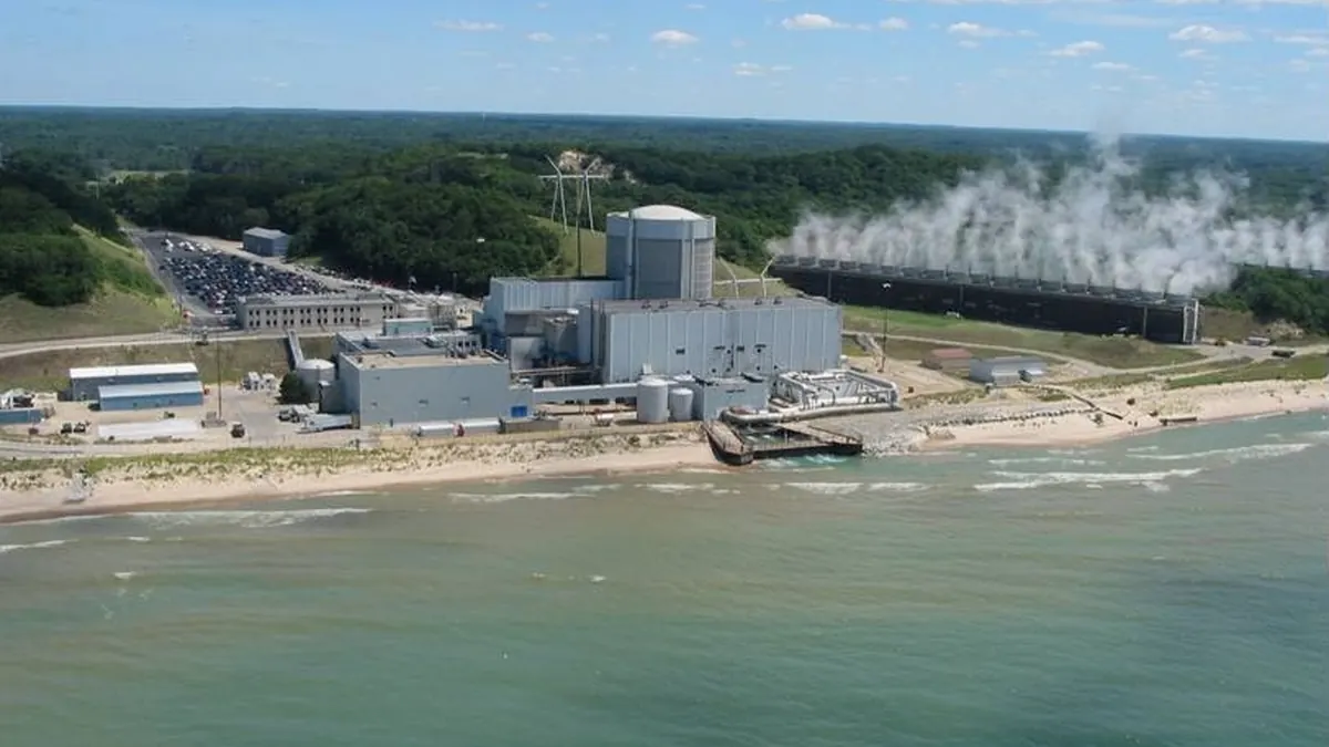 Exterior view of the Palisades Nuclear Power Plant on the shore of Lake Michigan in Covert Township, Michigan