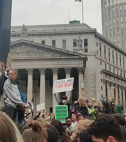 Large crowd of demonstrators gathered in lower Manhattan civic plaza holding signs and rallying for institutional accountability and survivor rights.