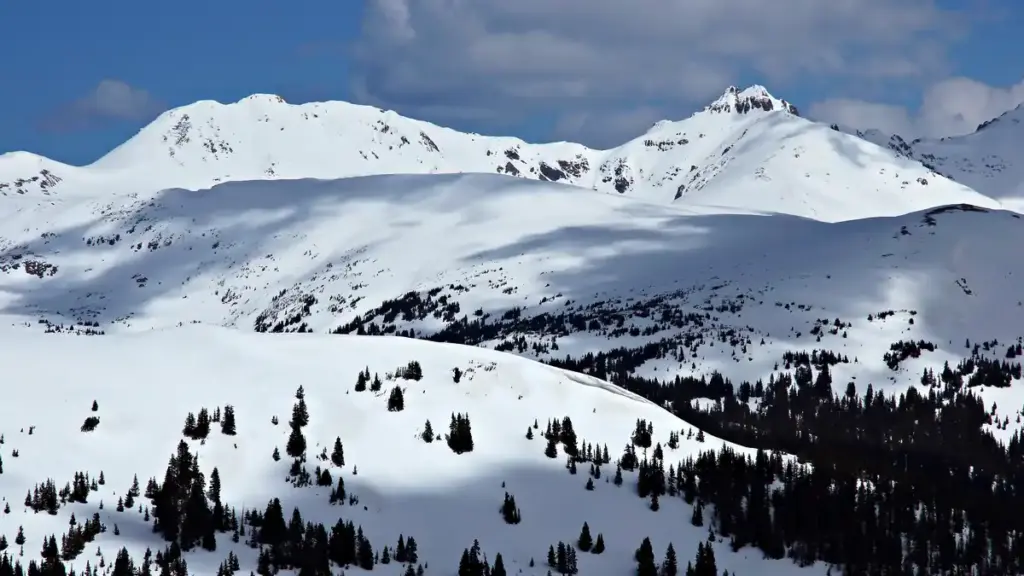 High-altitude snow-covered Rocky Mountain peaks and alpine terrain near Loveland Pass in Colorado.