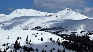 High-altitude snow-covered Rocky Mountain peaks and alpine terrain near Loveland Pass in Colorado.