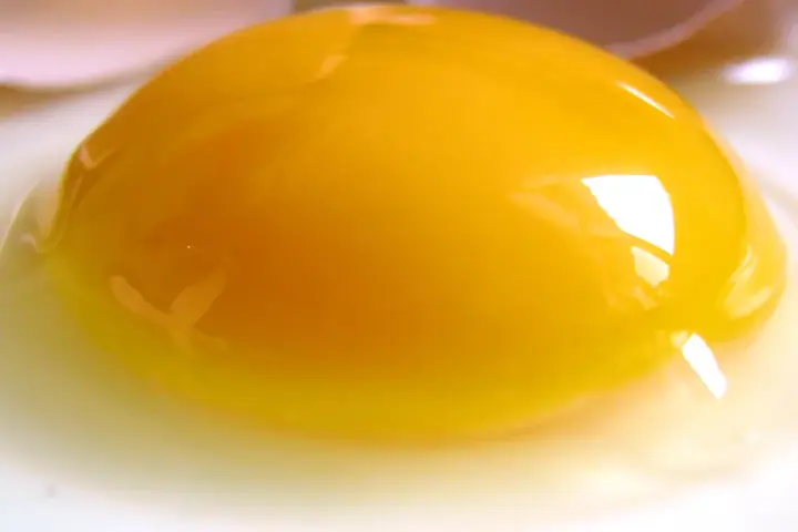 A fresh cracked raw egg resting on a clean surface with a prominent intact golden yolk and clear egg white.