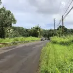 Hawaii State Route 560 running through the Hanalei Valley near the Hanalei River bridge, surrounded by steep green mountain peaks.