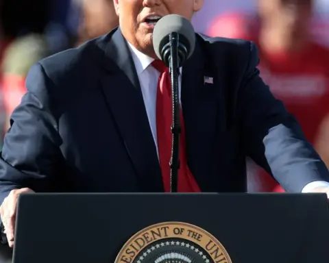 Former US President Donald Trump speaking into microphones at a podium during a political rally.